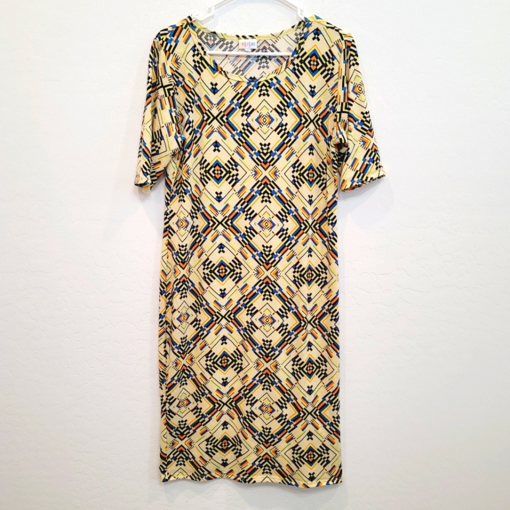 💕 LuLaRoe Julia Yellow Geometric Print Dress Women's Size Large